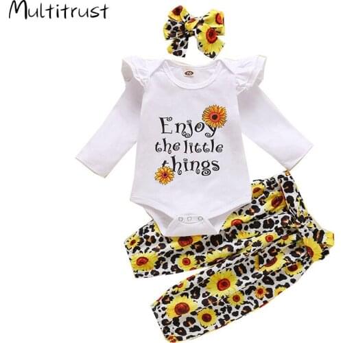 Baby Girl Clothes Cotton Suit White Round Neck Long Flying Sleeve Bodysuit+ Leopard Lace-up Loose Trousers+Sunflower Headband