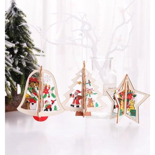 Christmas Tree Small Pendant Wooden Five-pointed Star Bell Christmas Decorations 2022 New Year Hanging Pendant Wall Door Decor