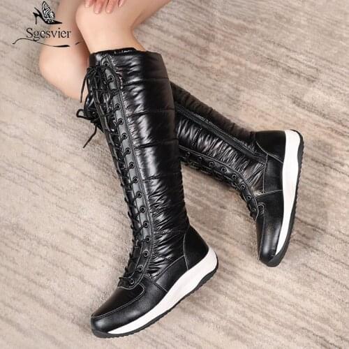 Sgesvier Size 35-44 New Genuine Leather Snow Boots Lace Up Light Bottom Platform Knee High Boots Women Cotton Shoes Winter Botas