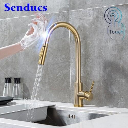 Senducs Sensor Kitchen Faucets Smart Touch Kitchen Mixer Faucet Stainless Steel Brushed Gold Touch Pull Out Kitchen Faucets