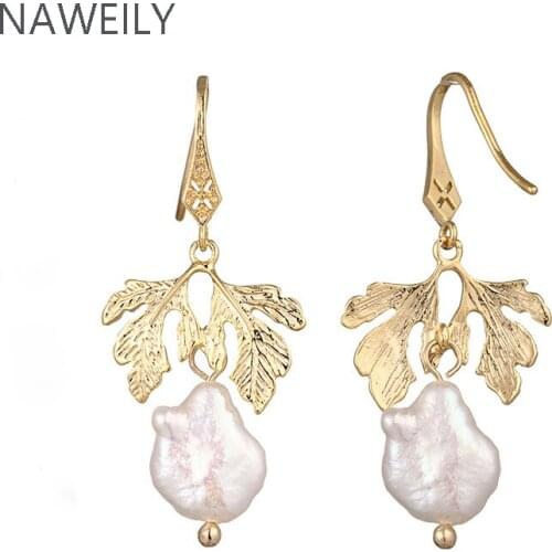 Simple Baroque Freshwater Pearl Leaf Earrings 2020 New Statement Fashion Natural Cultured Pearls Drop Earring High Quality