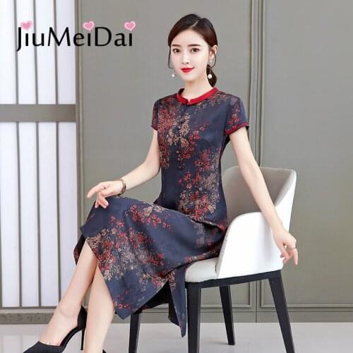JiuMeiDai Chinese Style Silk Dress Ladies Elegant Smooth Single-Breasted Long Dresses Female Retro Party Cheongsam Plus Size