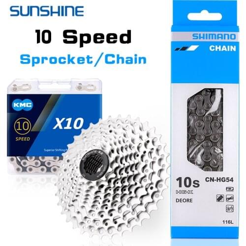 SUNSHINE 10V MTB 11-25/28/32/36/40/42/46/50T 10s Cassette KMC X10 Road Bike Chain Shimano HG54 116 Links for 10 Speed Bicycle