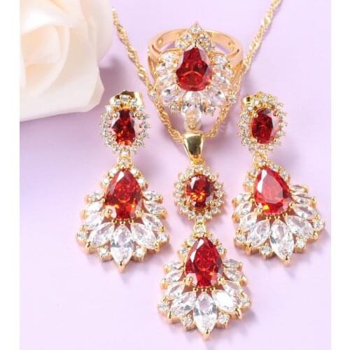 Bridal Big Jewelry Sets Gold Color Fashion Women Costume Red Garnet Crystal Stud Earrings And Necklace Ring For Women Gift