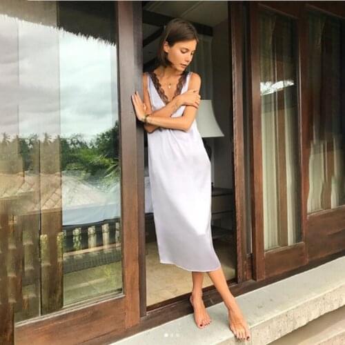 Vintage Sexy Deep V-neck Straight Pajamas Dress Woman Party Club Backless Lace Spaghetti Strap Mid-calf Dress 2021 New Summer