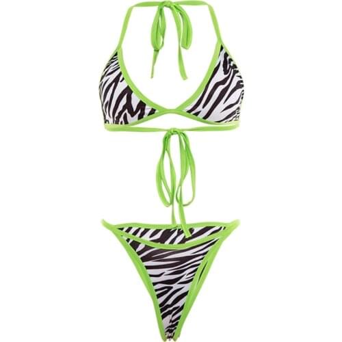 Women Sexy 2 Piece Bikini Set Neon Green Trim Zebra Striped Print Swimsuit Padded Halter Tops Bra Thong Beach Vacation Bathing