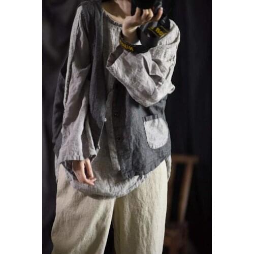Women Loose Vintage Patchwork Cotton Linen Vest Ladies Spliced V Neck Waistcoat Vests Outerwear Female Vest 2021
