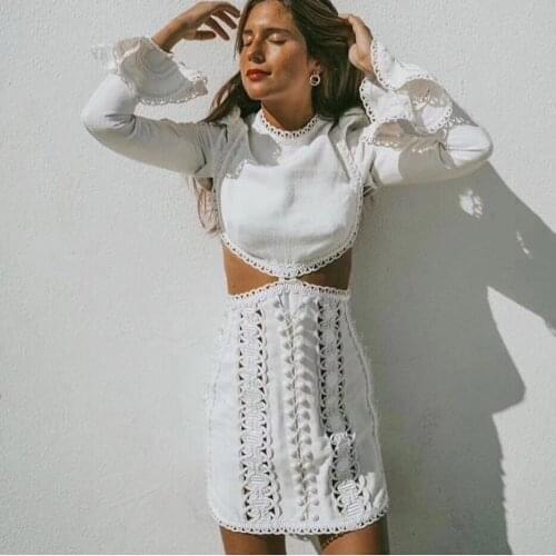 High-quality New designer runway dress womens sexy openwork embroidered button long-sleeved holiday dress