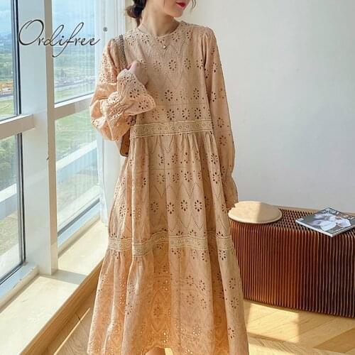 Ordifree 2021 Summer Women Embroidery Maxi Dress Long Sleeve Vintage White Lace Long Beach Dress