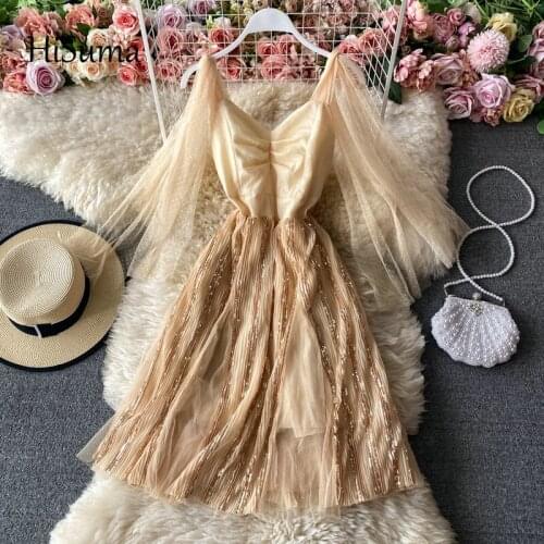 2021 spring New Women strap V-Neck sequins mesh A-Line Dress Female Chic Elegant Lace-Up bling party Dresses