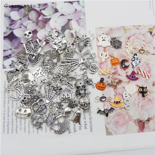 10Pcs/10pair Mix Halloween Hat Ghost Spider Owl Net Skull Cat Bat Necklace Party Jewelry Findings Handmade DIY Anklet Keychain