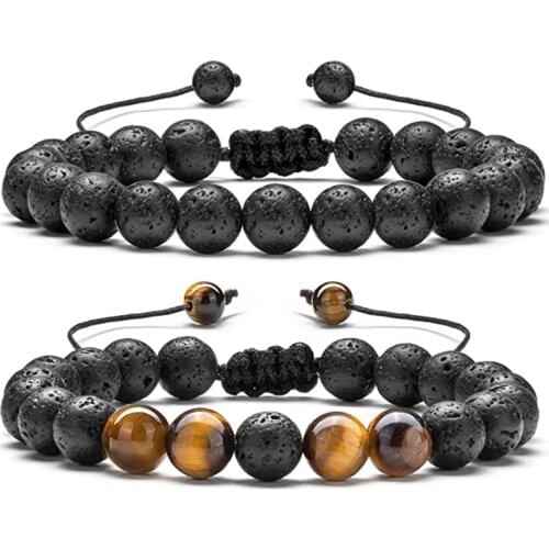 Beads Bracelet Adjustable Braided Rope Black Lava Stone Tiger Eye Natural Yoga Bracelets for Men Women Friend Gift Charm Jewelry