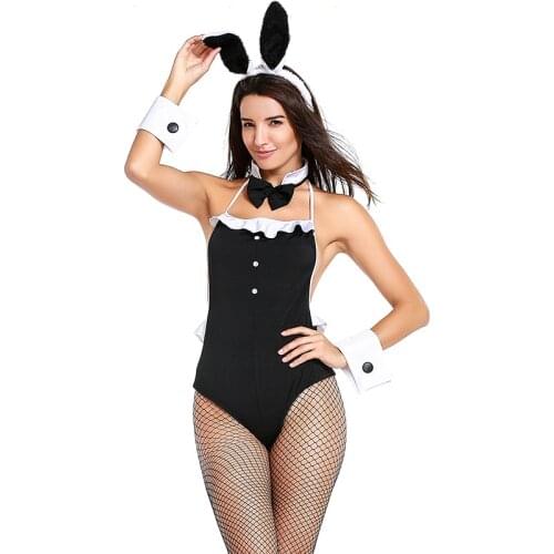 Black Sexy Lingerie Jumpsuits Woman Bunny Rabbit Cosplay Female Halloween Animal Costumes Nightclub Bar Role Play Party DS Dress