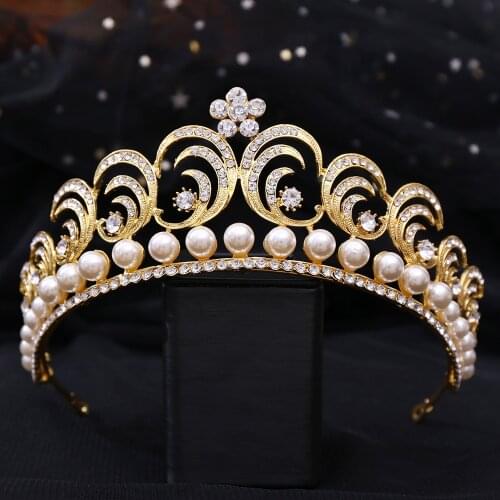 DIEZI Fashion Luxury Queen Princess Rhinestone Crystal Crown Bride Tiara Wedding Korean Pearl Headpiece Hair Jewelry Accessories