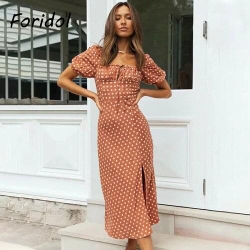 Foridol Polka Dot Long Dress Women Summer Puff Sleeve Boho Maxi Dress Lace Up Side Slit Brown Beach Dress 2021 Vintage Dress