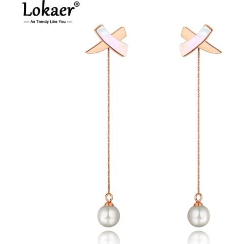 Lokaer Bohemia Geometric Tassel Dangle Earrings Stainless Steel Trendy Simulated Pearl Earrings Jewelry For Women Girls E20115