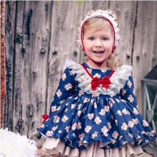 3PCS Baby Girl Spring Autumn Summer Navy Blue Vintage Spanish Pompom Ball Lolita Princess Lolita Dress for Eid Birthday Casual