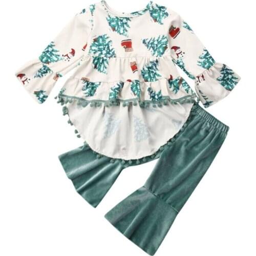 Toddler Baby Kids Girls Christmas Tree Print Tops+Bell Pants Outfits Set Clothes Tassel Long Sleeve Velve Flare Pants Suit