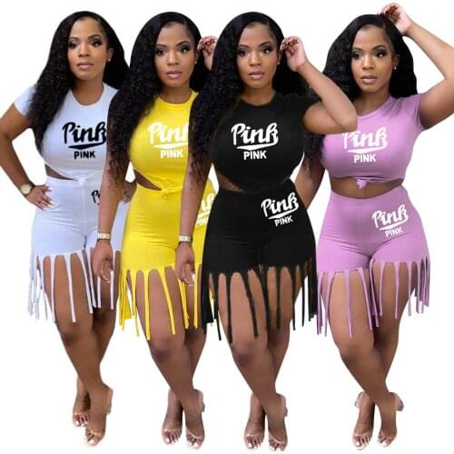 Echoine Women PINK letter Print Set Short Sleeve Tops and Tassel Shorts Two Piece Sets Casual Tracksuit Sweatsuit Summer Outfits