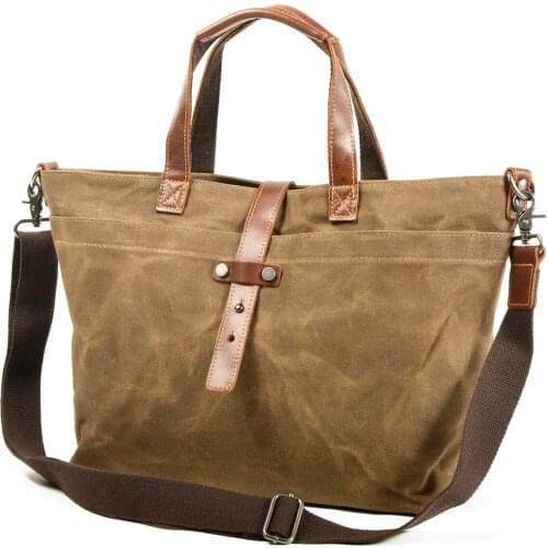 Korean oil wax canvas womens bag simple handbag horizontal solid color retro One Shoulder Messenger Bag mens pleated Tote Bag