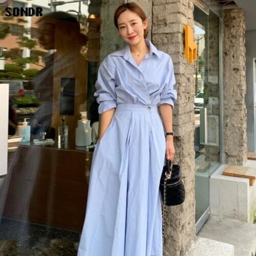 Korean One-Piece Shirt Dress WomenS Dress Fall 2020 Autumn Lapel Cross-Side One-Button Waist Slim Fit A-Line Dress Long Dresses