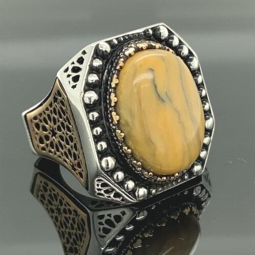 Men Silver Handmade , Amber Stone Ring, Turkısh Handmade Ring ,Silver Big Amber Stone Mens Ring, Ottoman Jewelry Hand Made. Gif