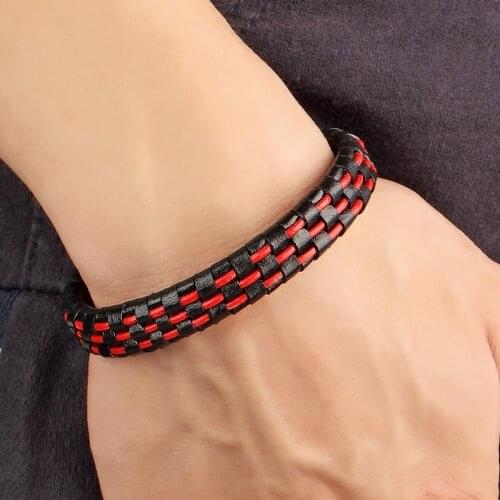 2019 New Punk Men Jewelry Leather Bracelet Red/Blue/Black Cord Stainless Steel Magnetic Clasp Fashion Bangle 19/21/23cm Pulseira