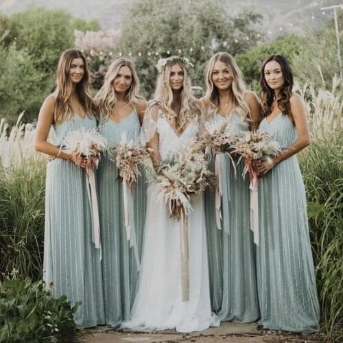 Mint Green Bridesmaid Dress A-Line Spaghetti Straps V-Neck Backless Sleeveless Draped Floor Length Wedding Party Gowns 2021