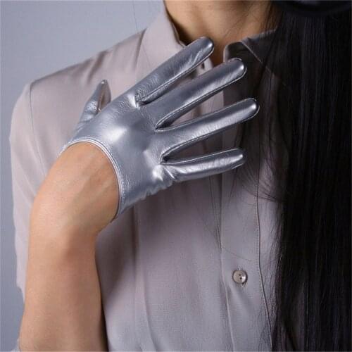 WomenS 13cm Ultra-Short Patent Leather Gloves Simulation Leather Mirror Bright Leather Bright Silver Thin Section QPY13
