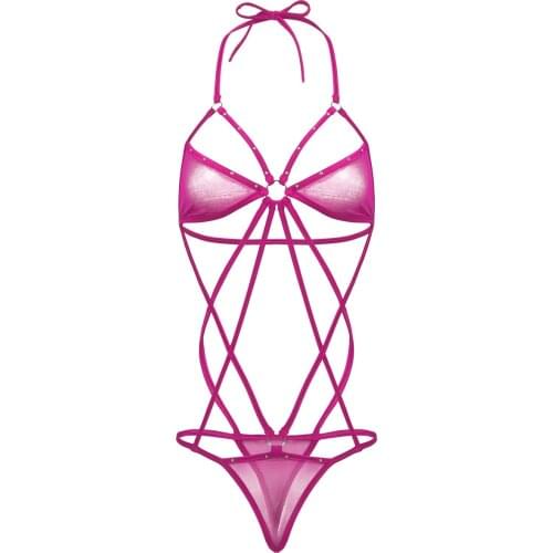 Women Harness Bodysuit Erotic See Through Sheer Lingerie Halter Neck Strappy Thong Leotard Bodysuit Sexy Sleepwear Nightwear