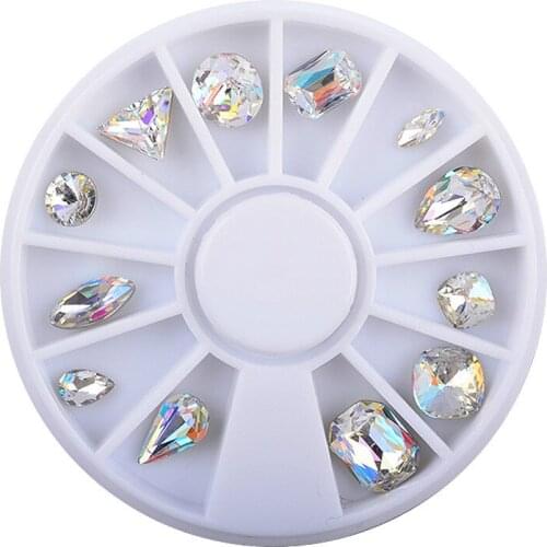 2017 12pcs New 3D Nail Art Decorations Fancy AB Crystals Sharp Bottom Iridescence Fire Diamond Diy Nail Jewelry