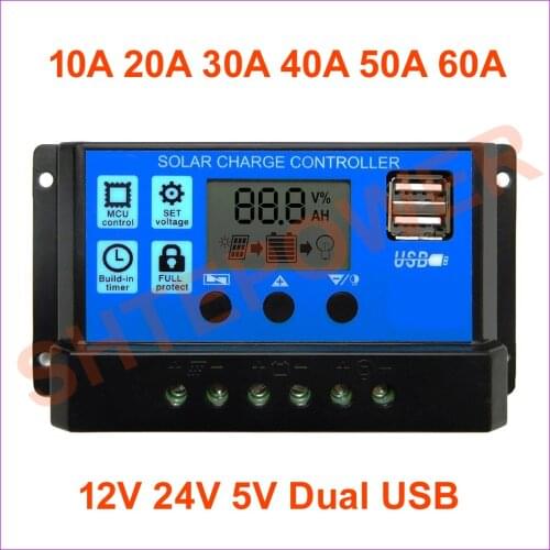 24V 12V Auto Solar Panel Battery Charge Controller 60A 50A 40A 30A 20A 10A LCD Solar Collector Regulator with Dual USB Wholesale