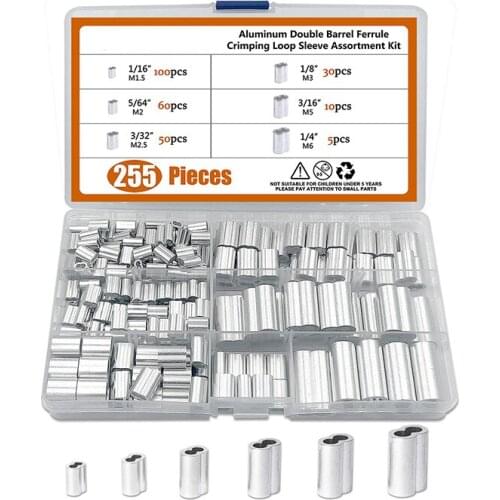 255pcs Aluminum Crimping Loop Sleeve Double Barrel Ferrule Assortment Kit for Wire Rope and Cable M1.5/M2/M2.5/M3/M4/M5/M6