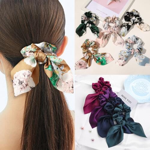Peony Printed Satin Scrunchies Rabbit Ears Velvet Elastic Hair Bands Bow Ribbon Solid Chiffon Hair Ties Women Girls Accessories