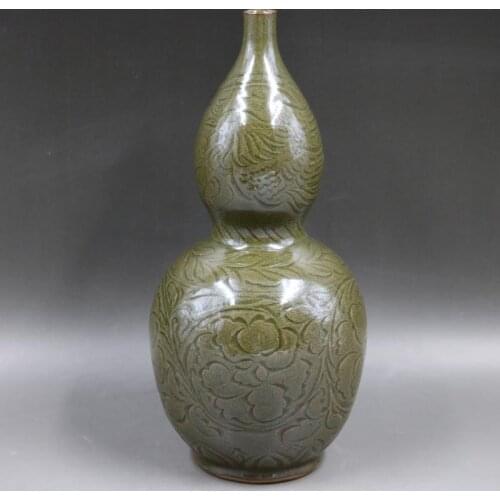 Antique SongDynasty porcelain vase,Yaozhou kiln carving pattern gourd bottle,Hand-painted crafts,Decoration,Collection&Adornment