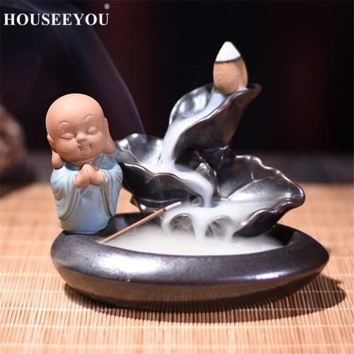 HOUSEEYOU The Little Monk Lotus Flower Aromatherapy Censer Zen Bullet Blackflow Waterfall Incense Cone Stick Burner Holder Smoke