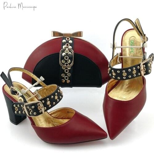 Latest Nigeria Wine Color Shoes and Bags Set African Shoes and Matching Bags Italian Women Metal decoration Wedding Shoes