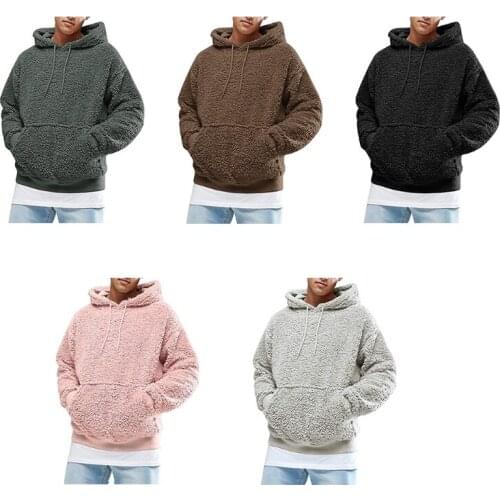 Men Winter Thicken Plush Long Sleeve Sweatshirt Drawstring Hoodie Pocket Top