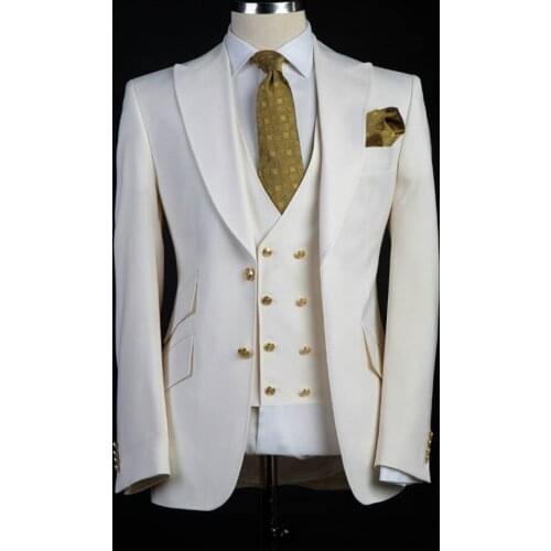 Men Wedding Suits With Pant 2019 Off White Peaked Lapel Men Suit Slim Fit Wedding Suits for Men Groom Tuxedo 3 Piece Prom Blazer