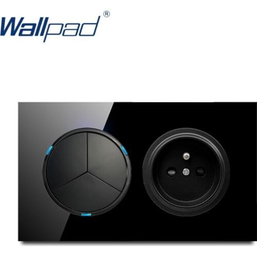 Wallpad 3 Gang 2 Way With EU French Socket Push Button Wall Light Switch With LED Indicator Crystal Glass Panel 146*86mm