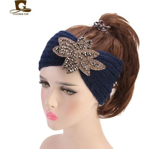 New Womens Beaded Knitted Wool Headbands Boho Flower Turban Head Wrap Bandage Winter Ear Warmer Girls Hairband Hair Accessories