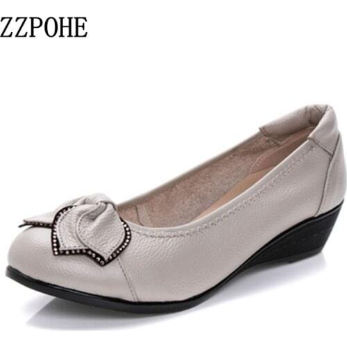 ZZPOHE Spring Autumn fashion Woman singles shoes leather soft soled Mother High Heels shoes comfortable women Plus Size shoes