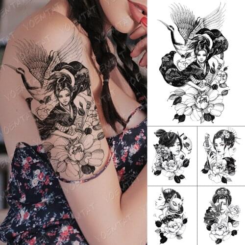 Waterproof Temporary Tattoo Sticker Japanese Geisha Flash Tattoos Crane Knife Peony Warrior Body Art Arm Fake Tatoo Women Men