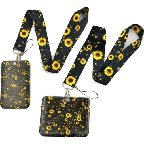 Sunflowers Flowers Black Lanyard Credit Card ID Holder Bag Student Women Travel Card Cover Badge Car Keychain Decorations