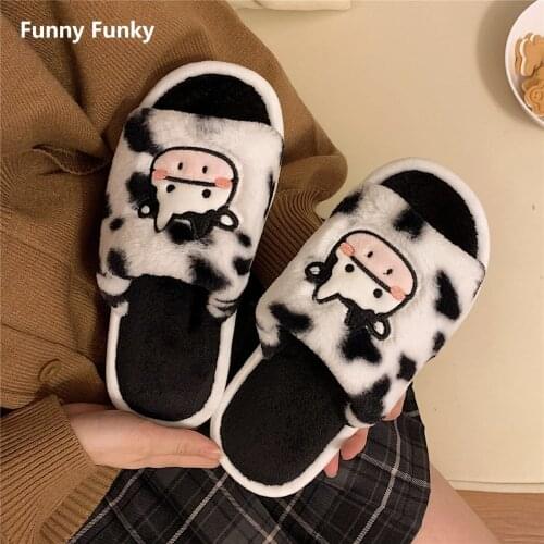Womens Shoes Flocky Fur Cartoon Animal Dairy Cow Desgin Slippers for Woman Fluffy Upper Antislip House Flat Slide