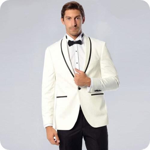 Ivory Men Suits for Wedding Groom Tuxedos Black Shawl Lapel Black Pants Latest Coat Pant Designs Costume Homme Ternos 2Piece