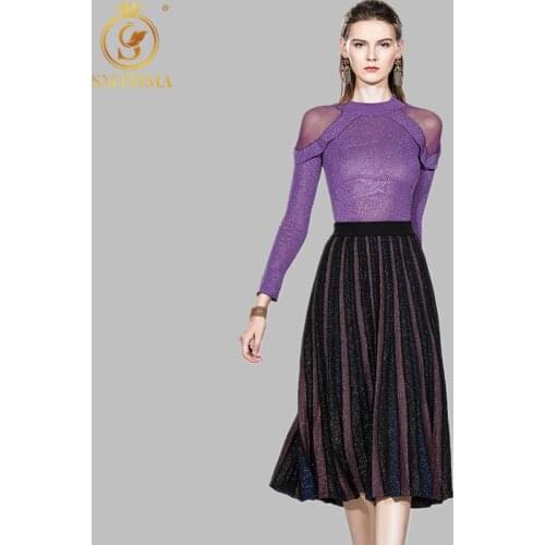 SMTHMA 2021 New Spring 2 Pieces Skirt Sets Women Sexy Mesh Bright Silk Sweater +Elastic Waist Pleated Skirt Suit