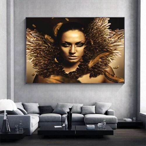 Modern Golden Girl Canvas Painting Makeup Feather Girl Posters and Printed Wall Photos for Living Room Home Decoration