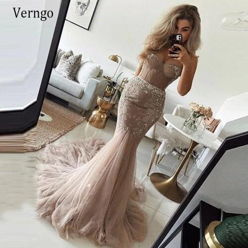 Verngo Stylish Champagne Mermaid Wedding Dress Heart Shape Beads Lace Tulle Skirt Fitted Sexy Bridal Gowns Long For Marriage