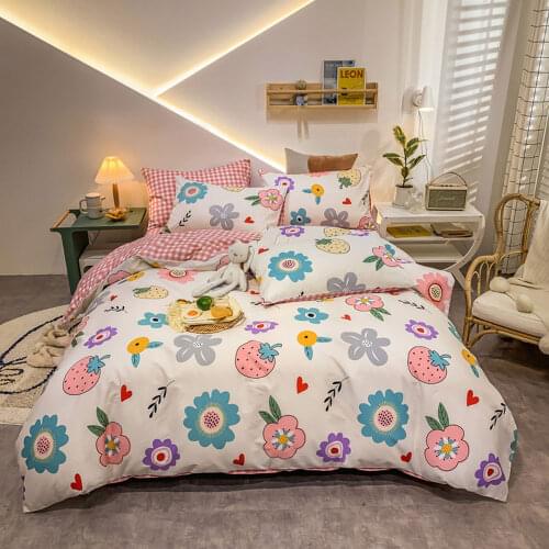 Svetanya Pink Strawberry Flowers INS Duvet Cover Set Cotton Queen Size Bedding Set Bedlinens Flat Sheet Pillow Cases